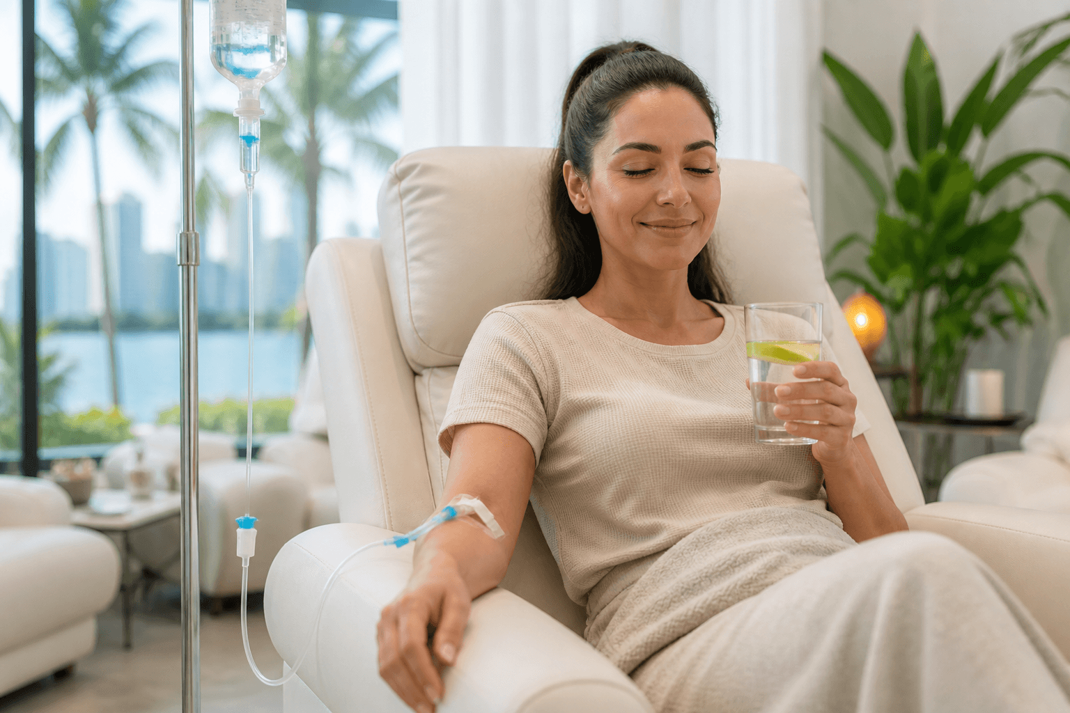 Client receiving IV therapy treatment in Tampa Florida for hydration and energy boost