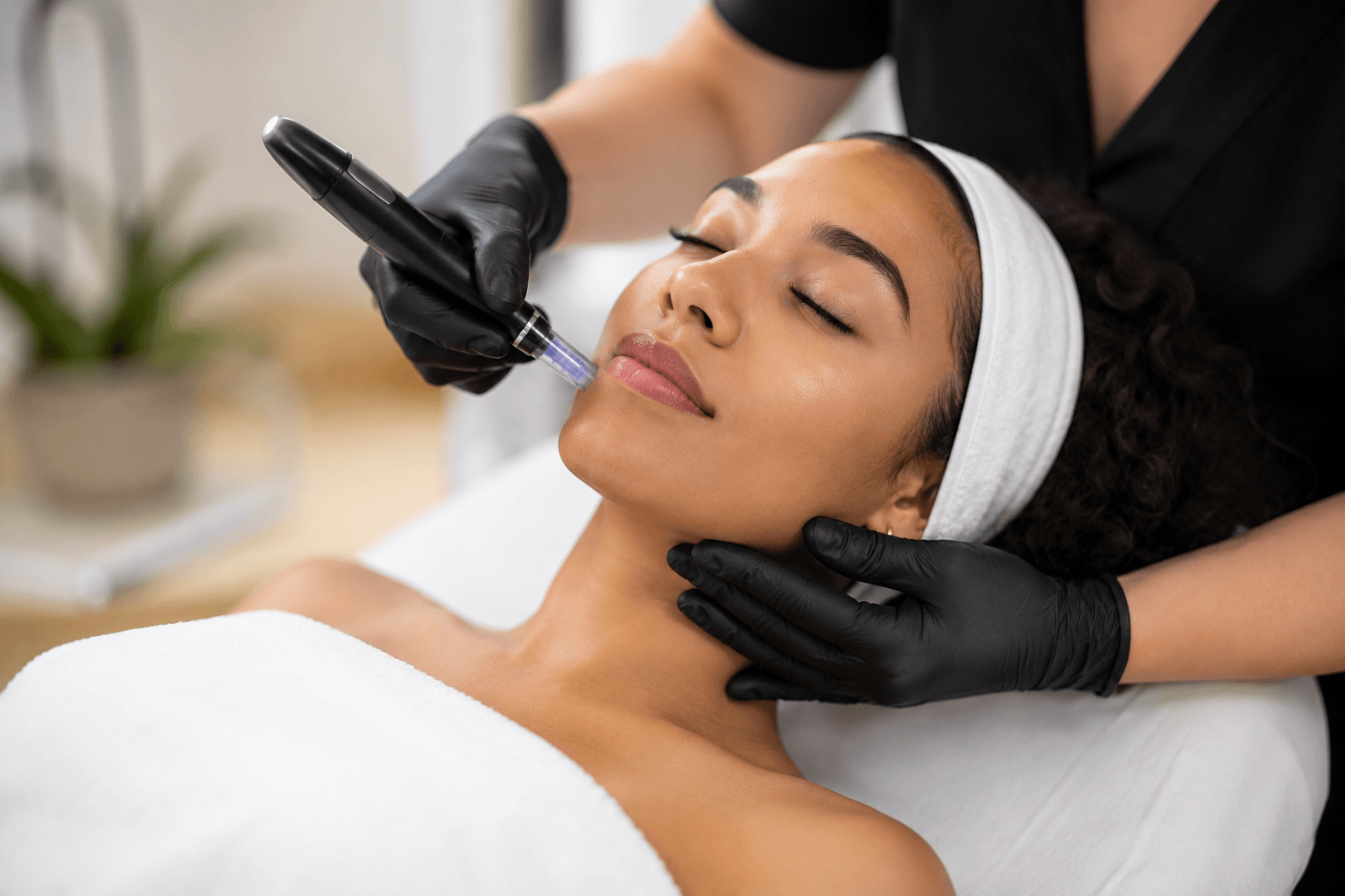 Licensed provider performing microneedling treatment on a patient’s face in a professional Tampa, Florida med spa setting