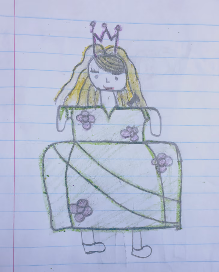 Kinderzeichnung einer Prinzessin mit Krone, langem Kleid mit Blumen und langen Haaren.