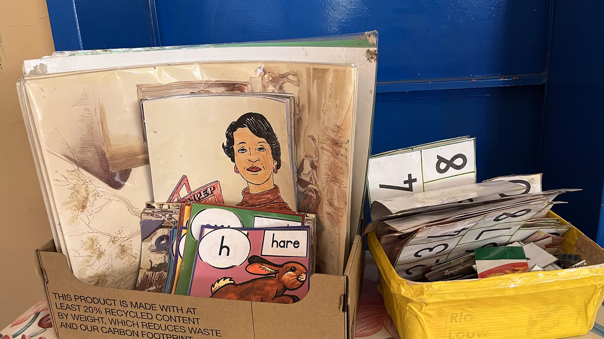 Box with vintage educational flashcards, counting cards, and an illustrated woman with short black hair.