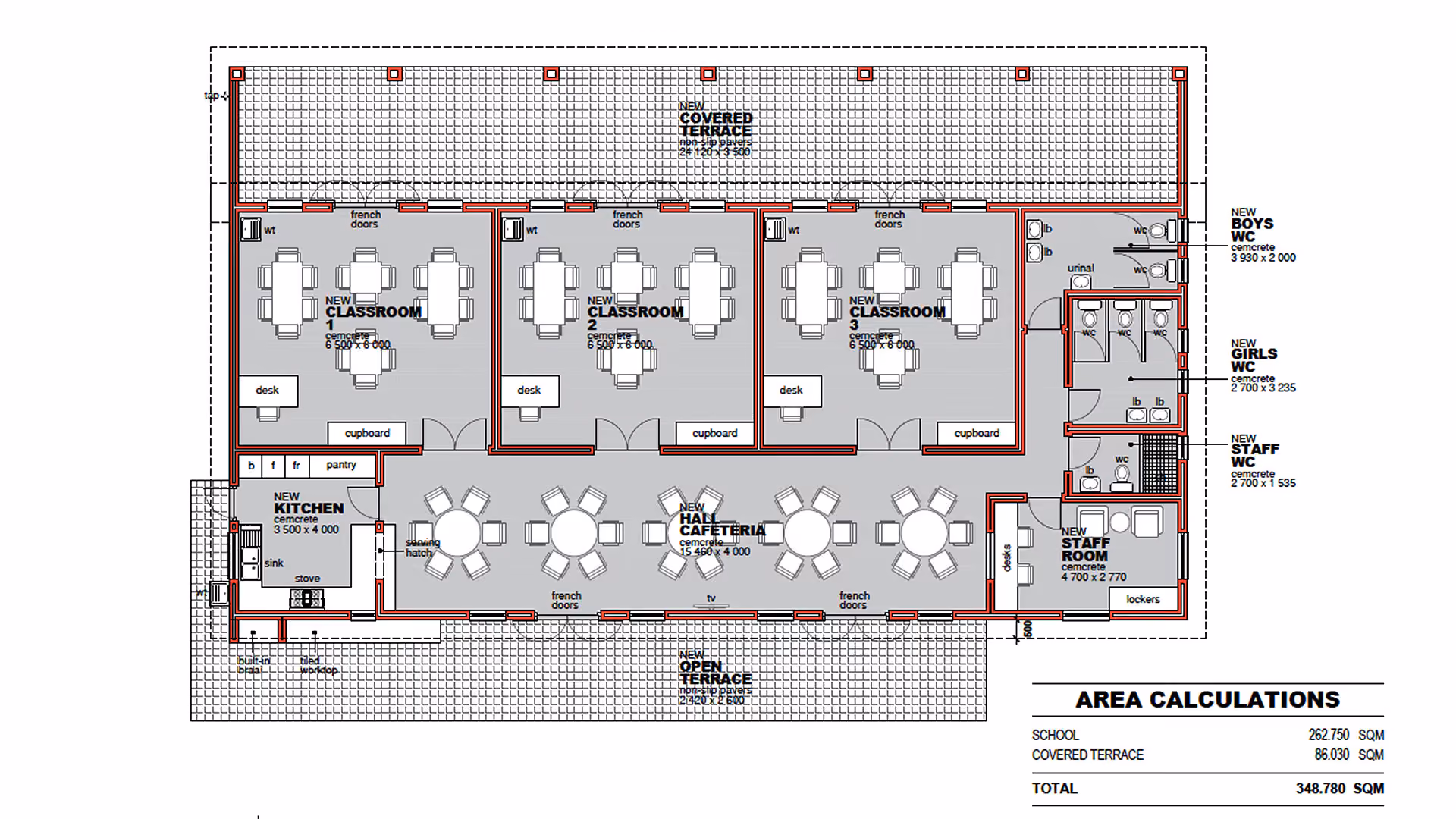 Grundriss eines Schulgebäudes mit drei Klassenzimmern, Cafeteria, Küche, Terrassen und Toiletten.