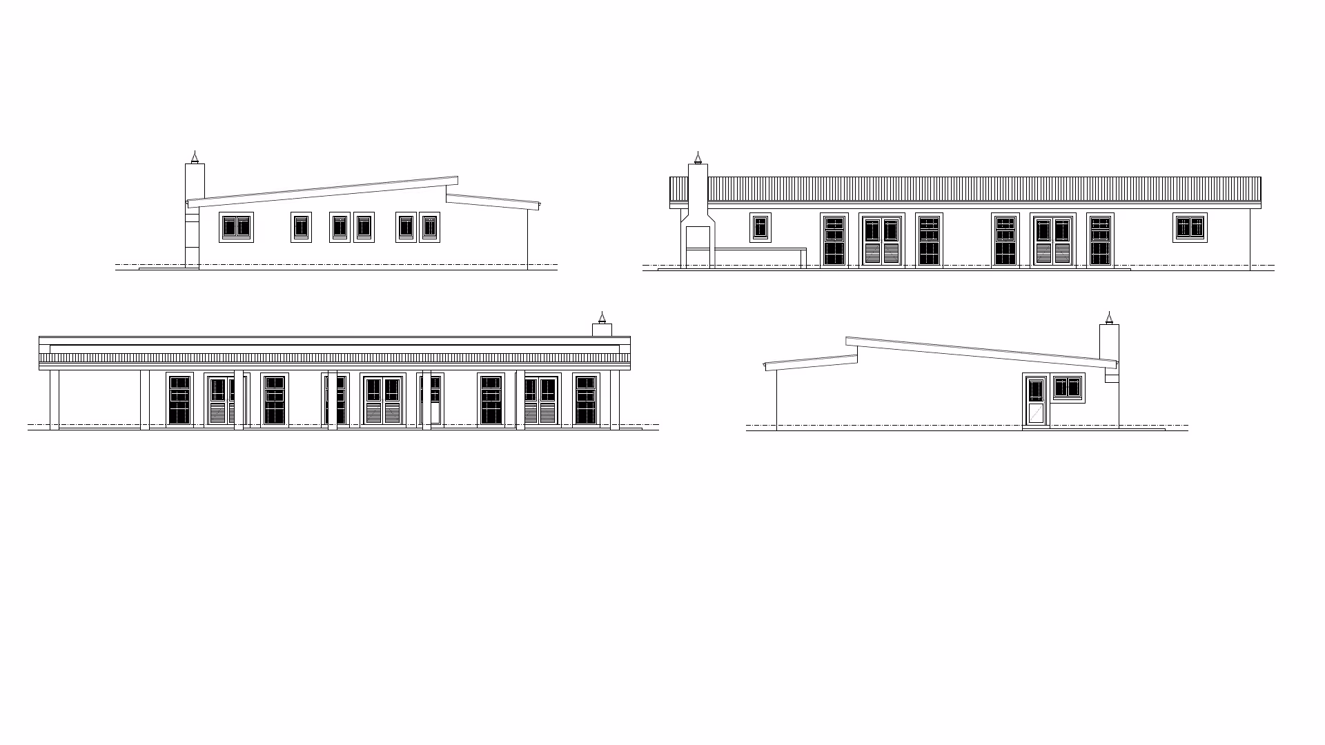 Architektonische Zeichnungen mit vier Ansichten eines modernen flachen Gebäudes mit Schornsteinen.