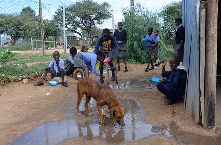 Schulkinder in Uniform mit Schüsseln sammeln und trinken Wasser an einem Brunnen, während ein Hund aus einer Pfütze trinkt.