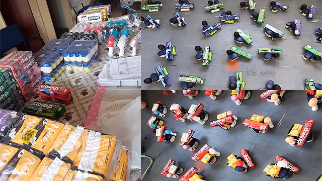 Verschiedene Pflege- und Reinigungsprodukte auf einem Tisch mit Spielzeugautos aus Zahnpastatuben.