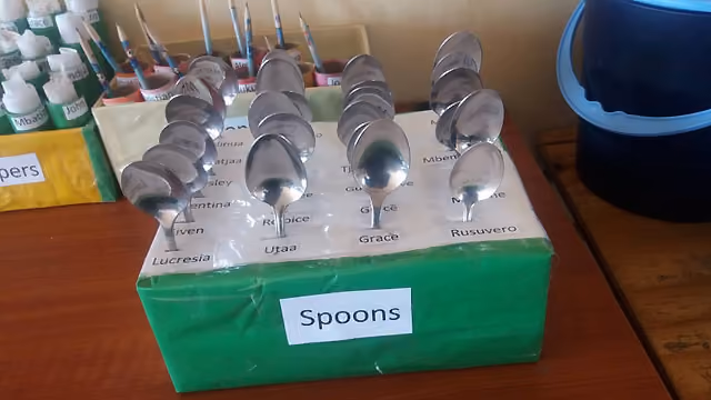Table with spoons labeled with various names placed in a green box labeled 'Spoons'.