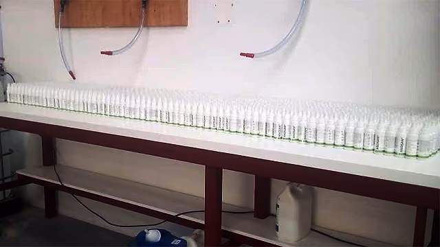 Reihe von vielen kleinen weißen Plastikflaschen mit grünem Etikett auf einem langen Tisch.