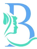 Blue letter B with a green female face silhouette and leaf incorporated into design.