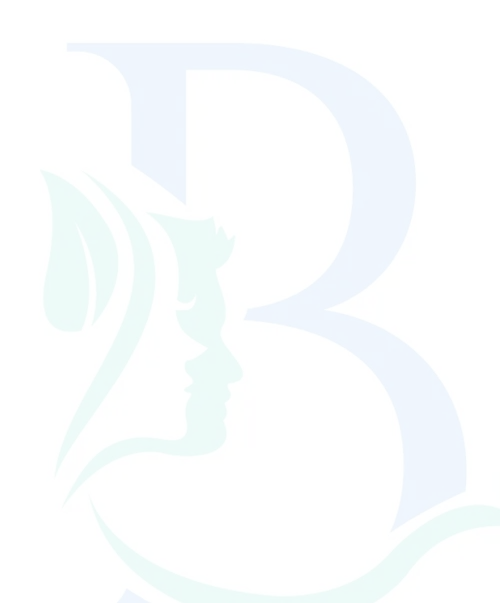 Blue letter B with a green abstract design of two human faces in profile and a leaf-like shape integrated within.