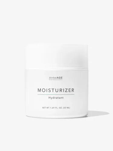 White jar of AnteAGE moisturizer with product details on a plain light background.