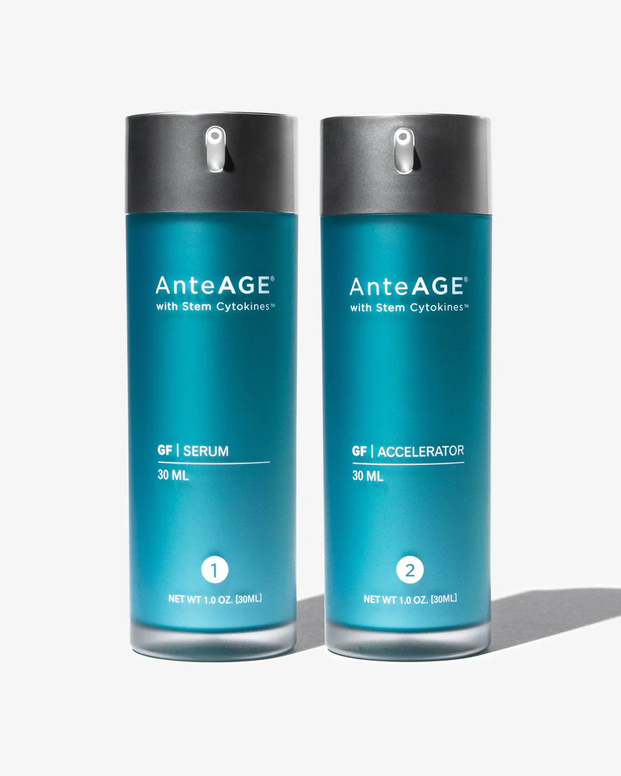 Two blue AnteAGE skincare bottles with black pumps, labeled GF Serum and GF Accelerator, each 30 ml.
