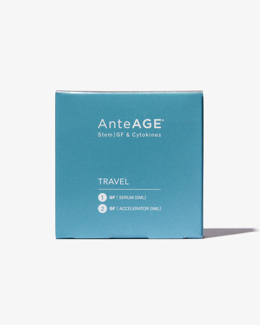 Blue AnteAGE travel box containing 5ml GF serum and 5ml GF accelerator.