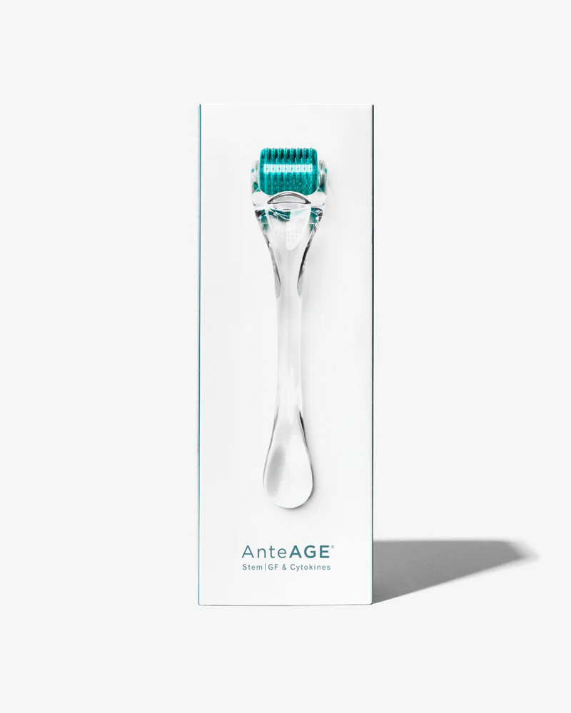 AnteAGE microneedling dermaroller with teal needles displayed on white packaging.
