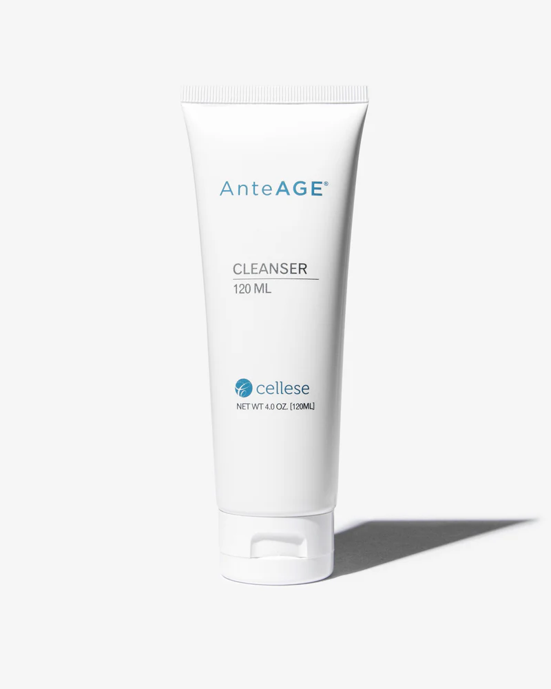 White tube of AnteAGE Cleanser with 120 ml volume on a white background casting a shadow.