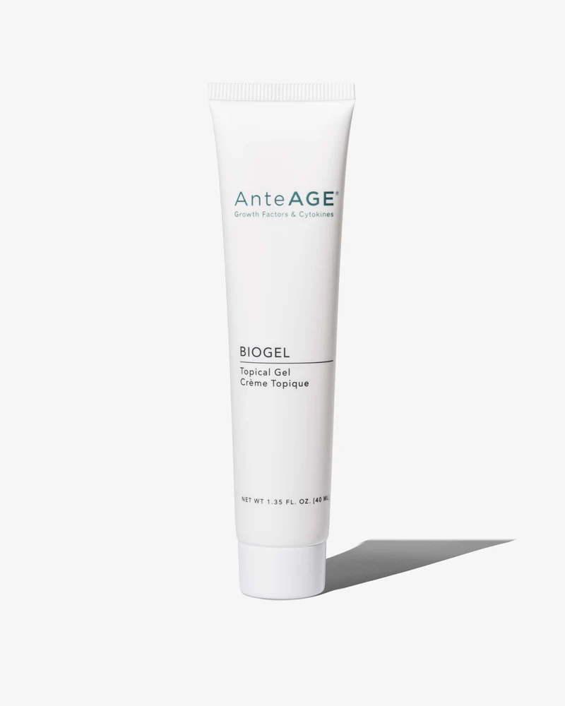Tube of AnteAGE Biogel topical gel cream in white packaging with shadow on plain background.