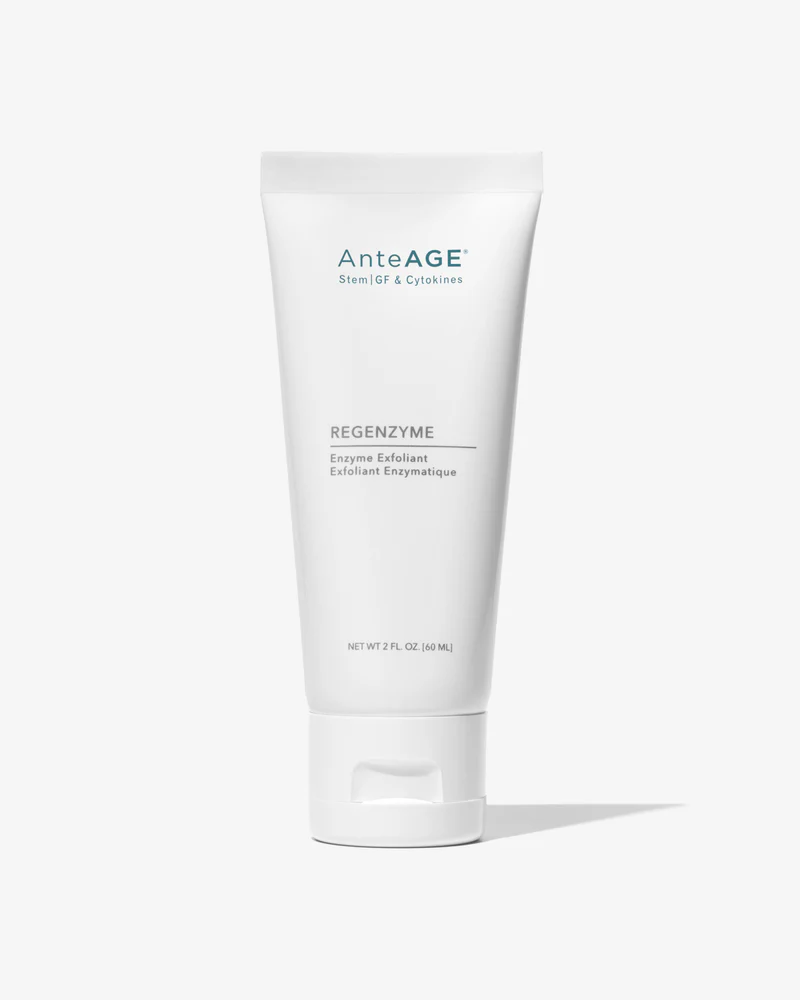 White tube of AnteAGE REGENZYME enzyme exfoliant with 2 fl. oz. capacity on a white background.
