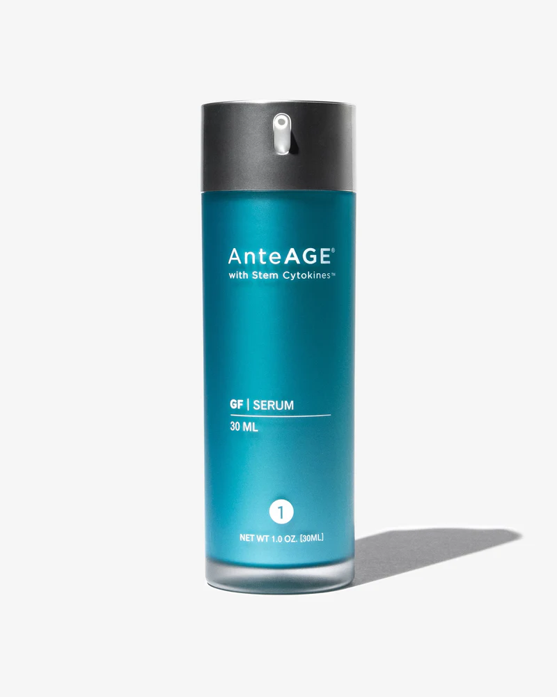 Blue bottle of AnteAGE GF Serum with Stem Cytokines, 30 ml, with black pump top and shadow on white background.