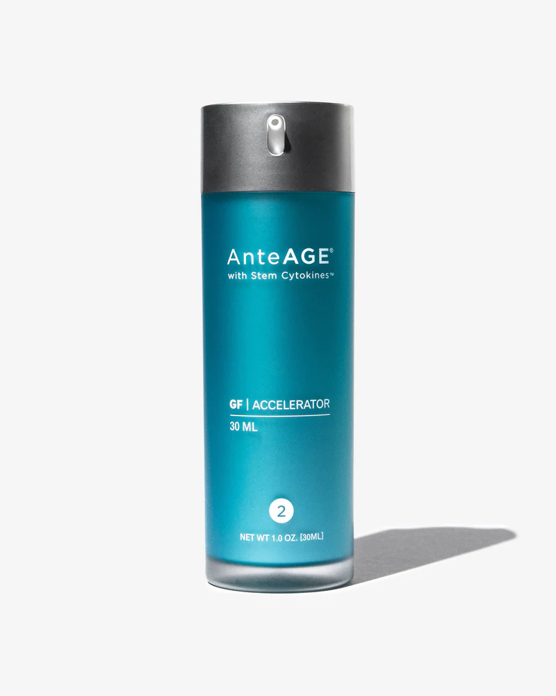 Blue and black bottle of AnteAGE GF Accelerator with Stem Cytokines, 30 ml, casting a shadow on white background.