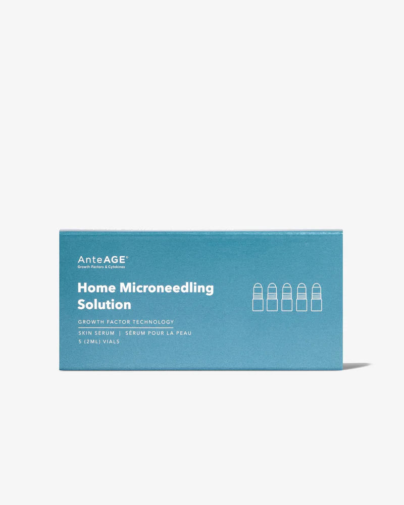AnteAGE Home Microneedling Solution box in blue, containing five 2ml vials of skin serum with growth factor technology.