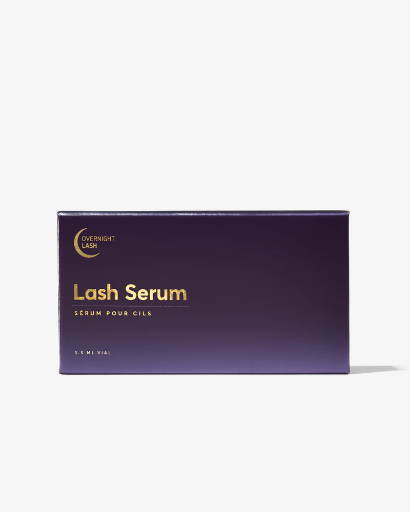 Purple box of Overnight Lash Serum with gold text indicating a 3.5 ml vial.