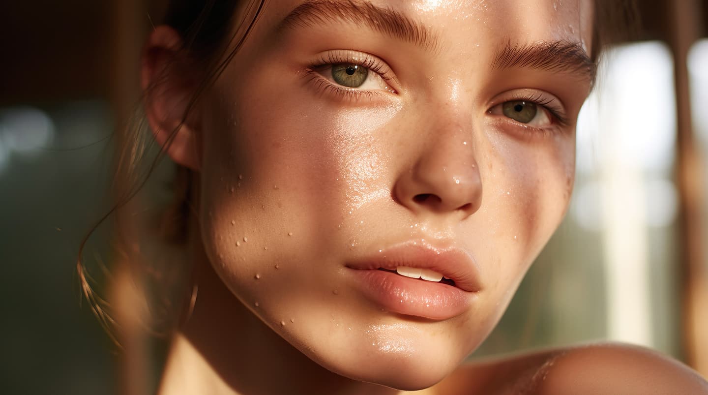 Close-up of a young woman with green eyes and wet skin highlighted by warm sunlight.