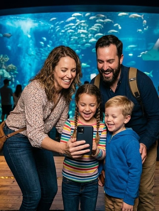 Family capturing a moment at an aquarium