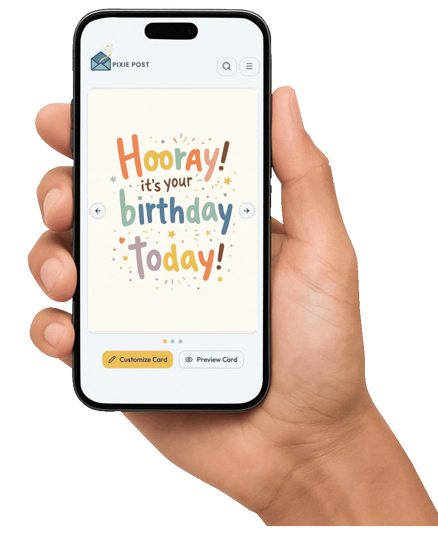 Pixie Post greeting card on a phone