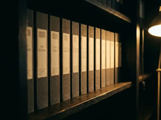 Row of company registers and record binders on a shelf