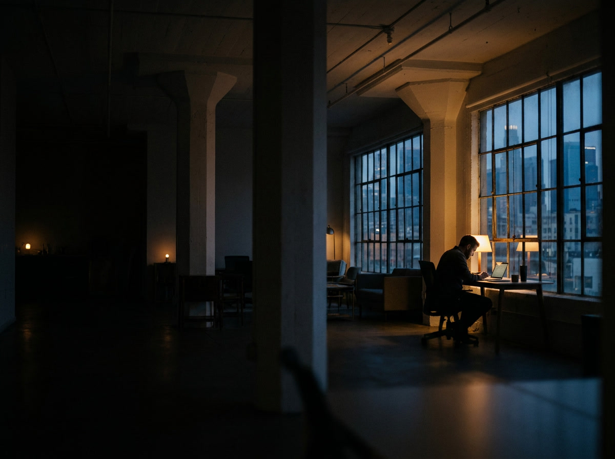 Founder working at his desk by a window at dawn