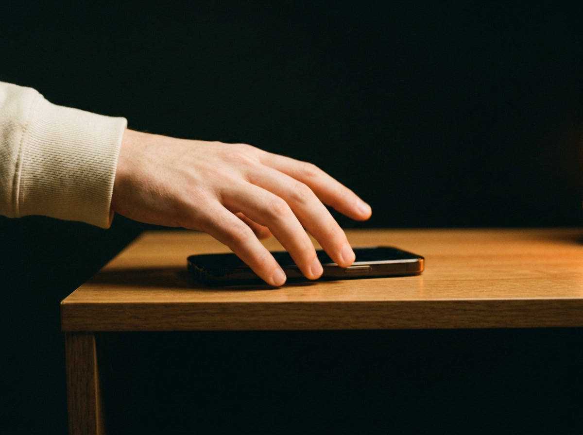 Hand reaching for a phone on a desk