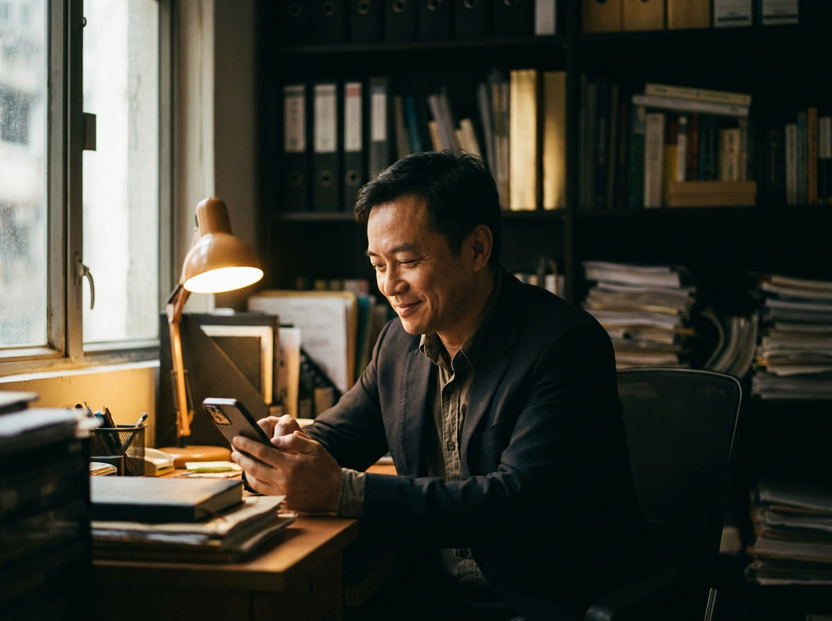 Hong Kong business owner working in his office