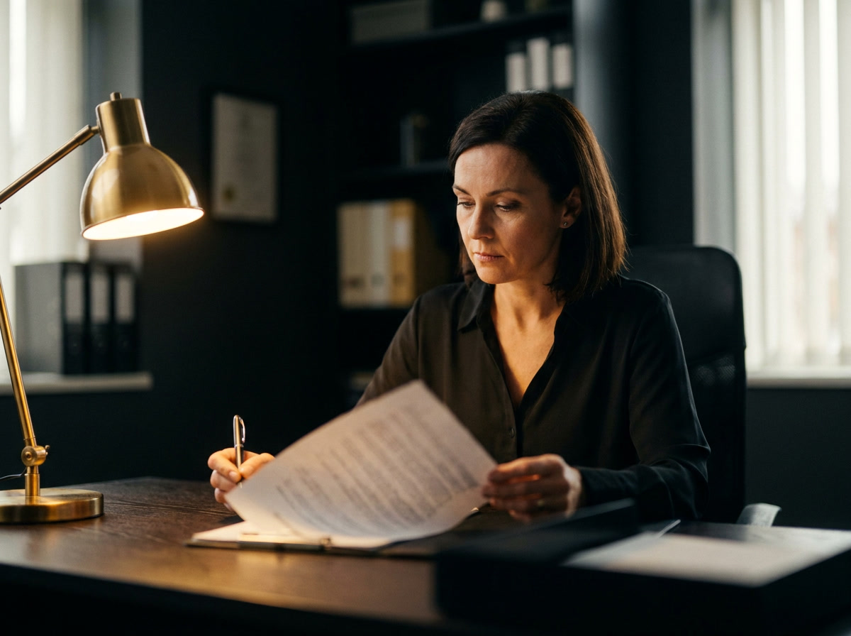 Accountant reviewing a document at her desk
