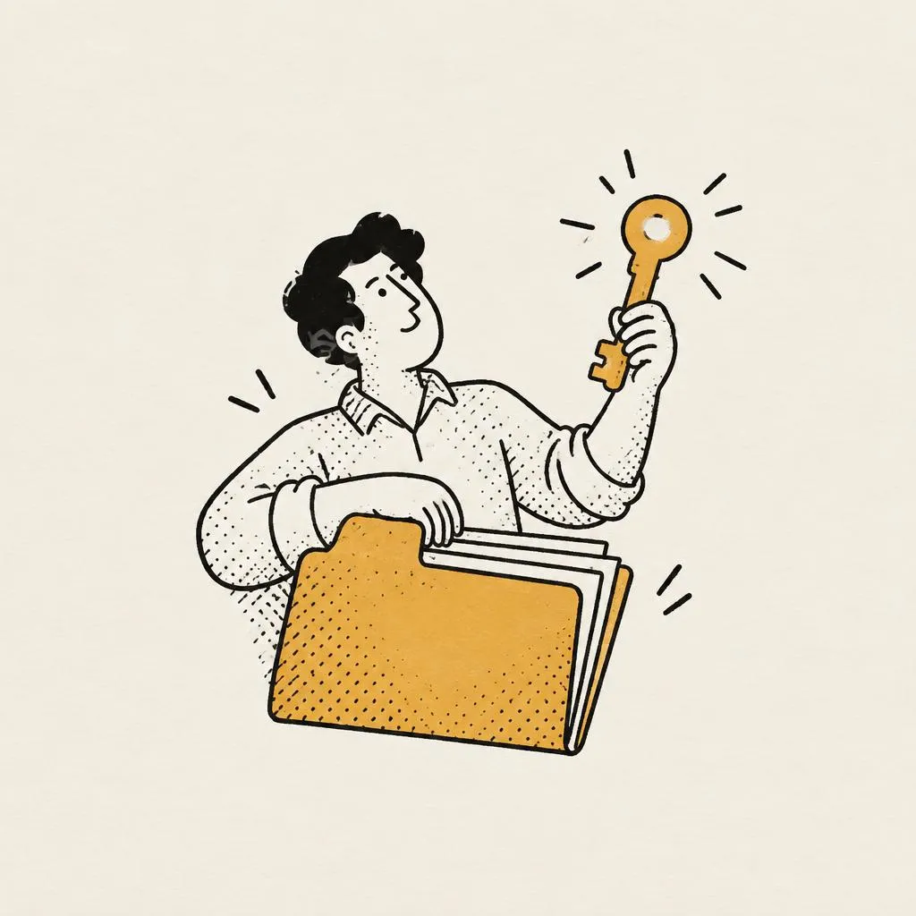 Business owner holding a gold key above a company file