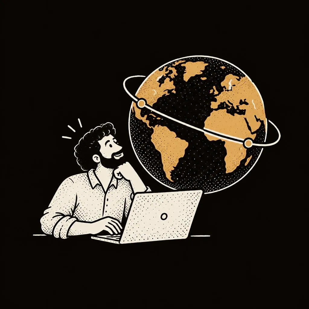 Founder at a laptop with a globe, running a Hong Kong company from overseas