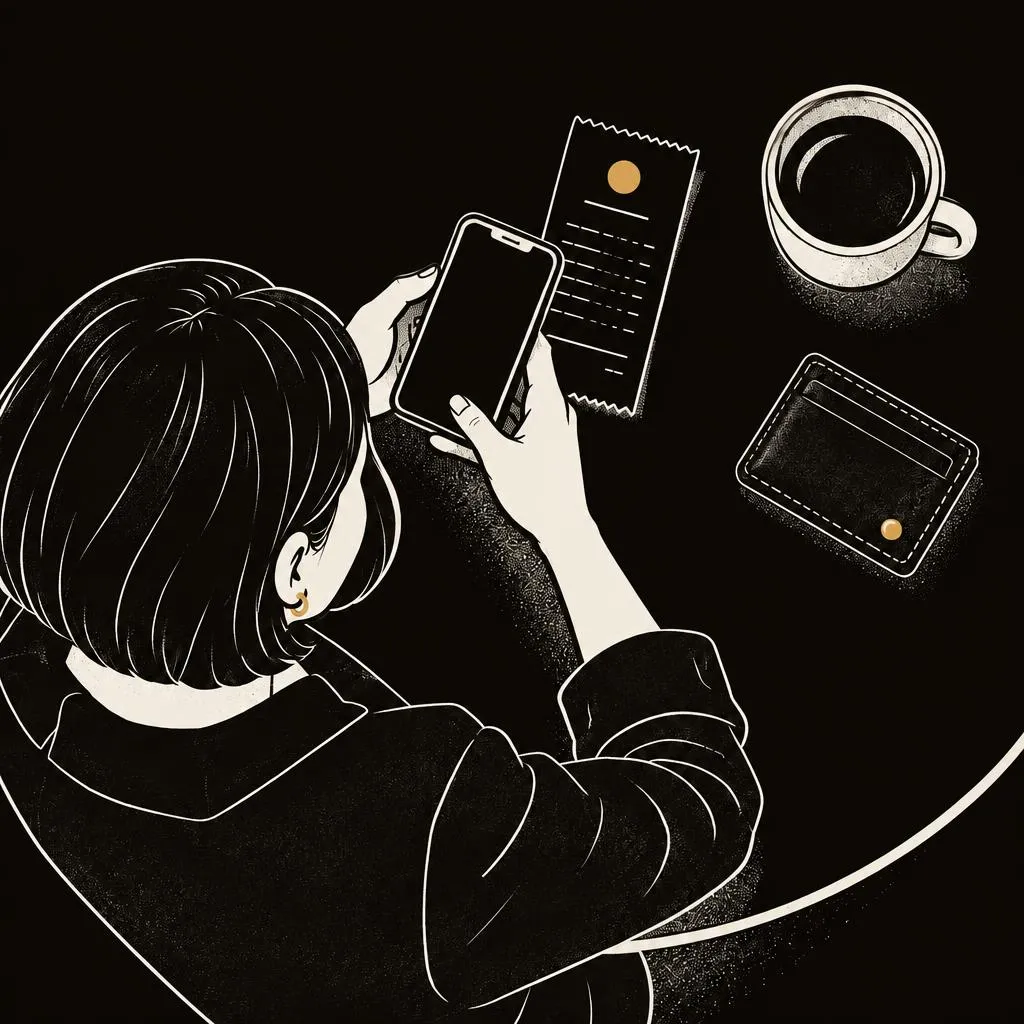 Checking a payment receipt on a phone beside a card wallet