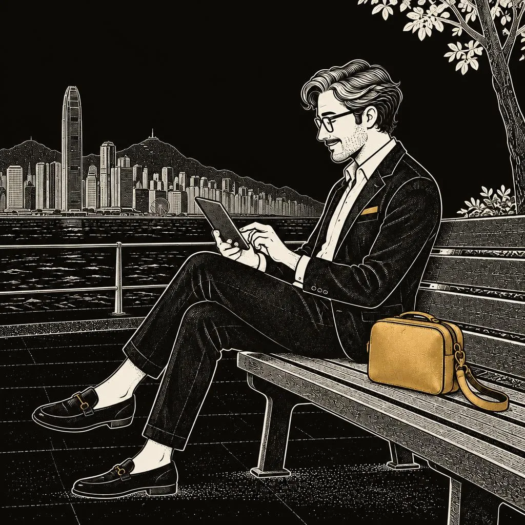 Founder working on a tablet by Hong Kong harbour at night