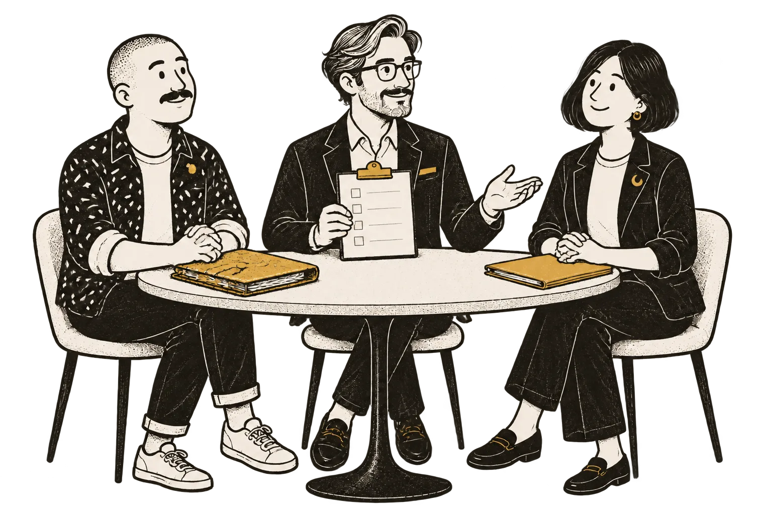 Adviser holding a checklist talks to two clients seated around a round table