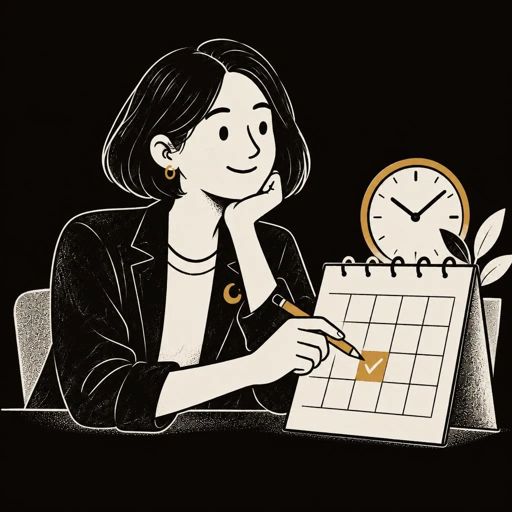 Woman resting her chin on one hand marks a gold check on a desk calendar