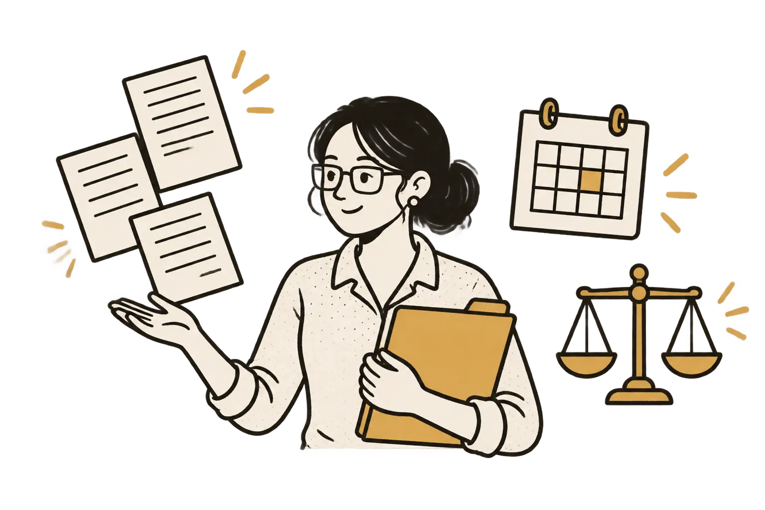 Adviser holding a folder gestures toward floating documents, a calendar and scales of justice