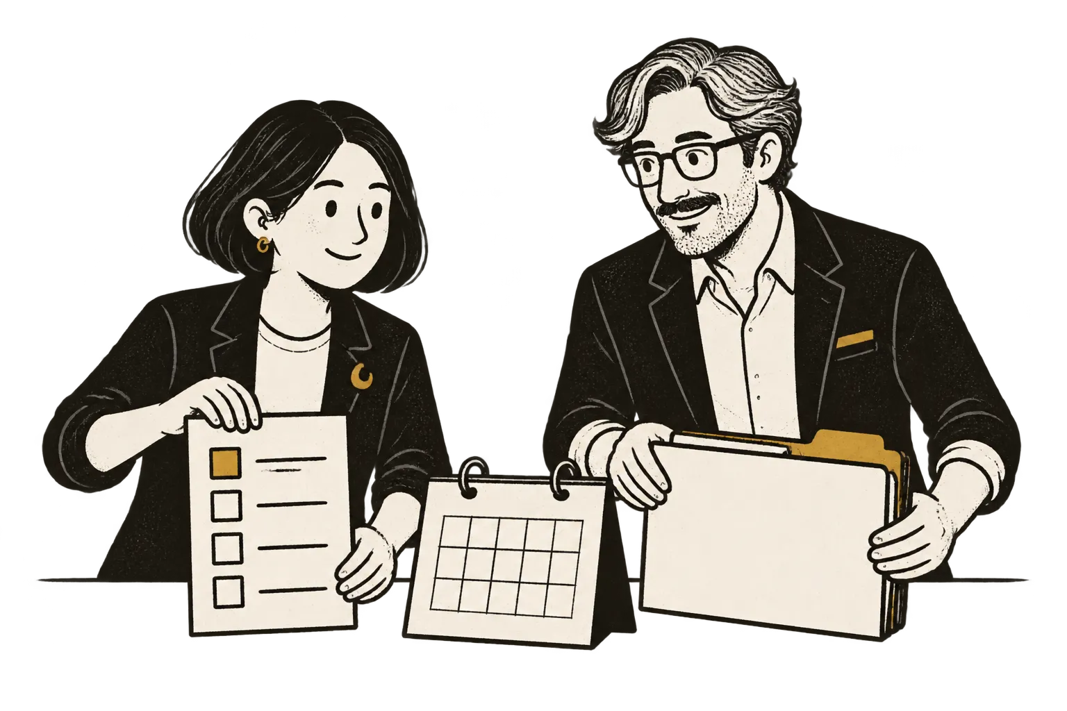 Two advisers in dark blazers hold a checklist and an open folder beside a desk calendar
