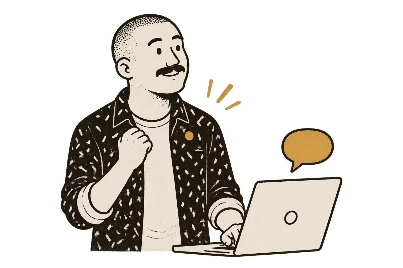 Man at a laptop looks up mid-thought as a speech bubble appears beside him