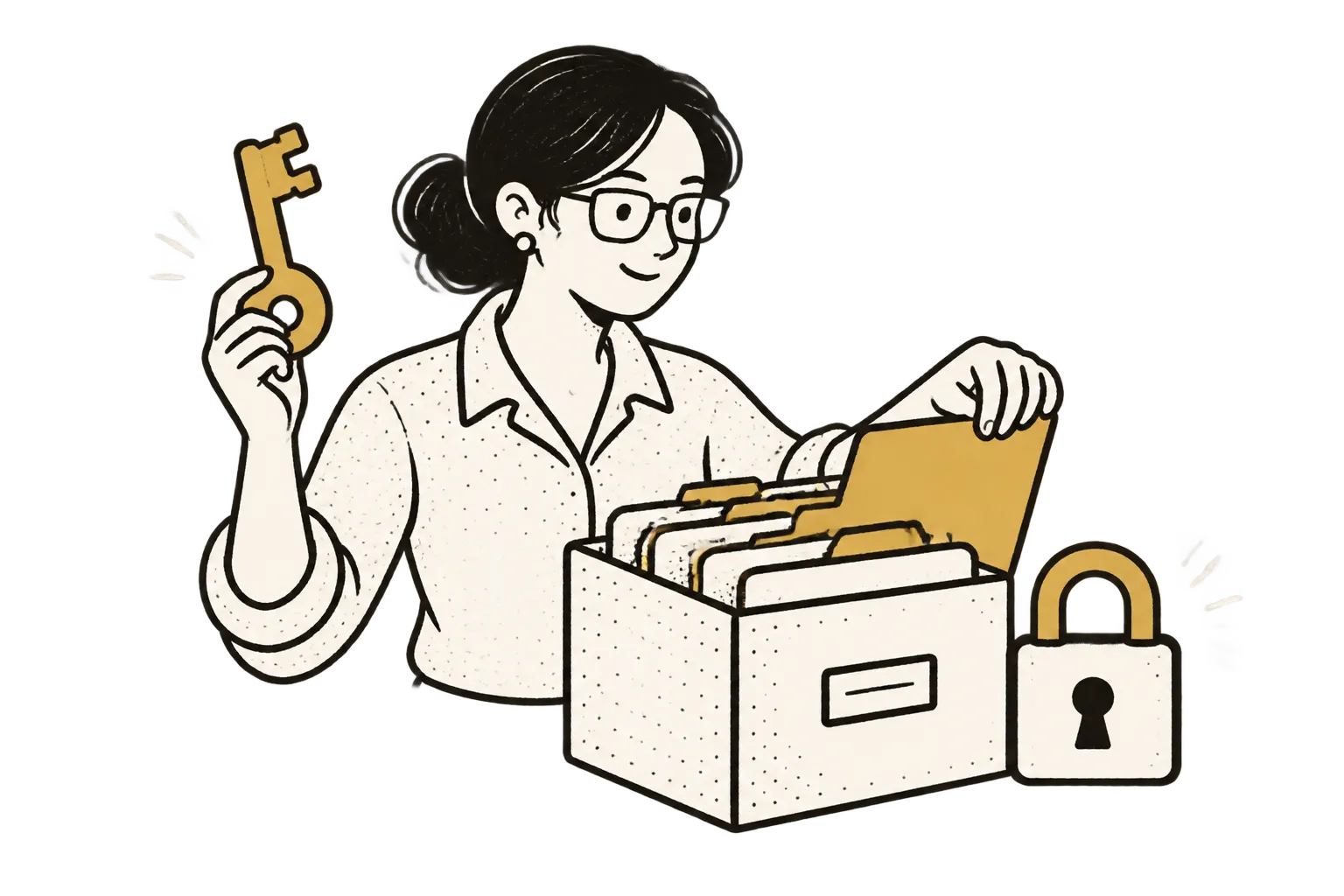 Woman holds up a key while opening a file box folder beside a gold padlock