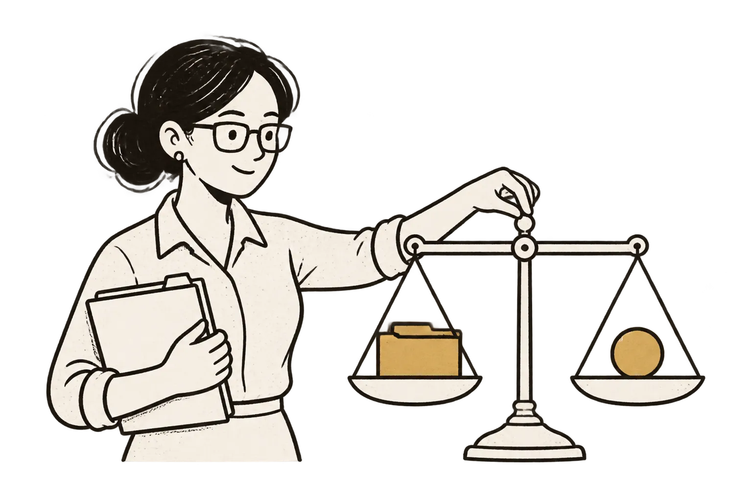 Adviser holding folders steadies a balance scale weighing a document folder against a gold coin