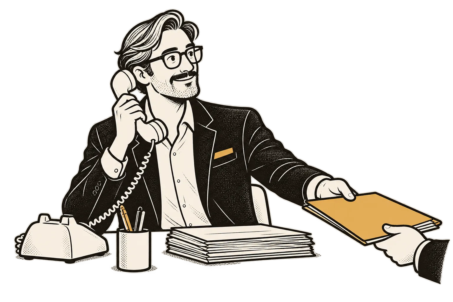 Adviser on a desk phone takes a gold folder handed across his paperwork-covered desk