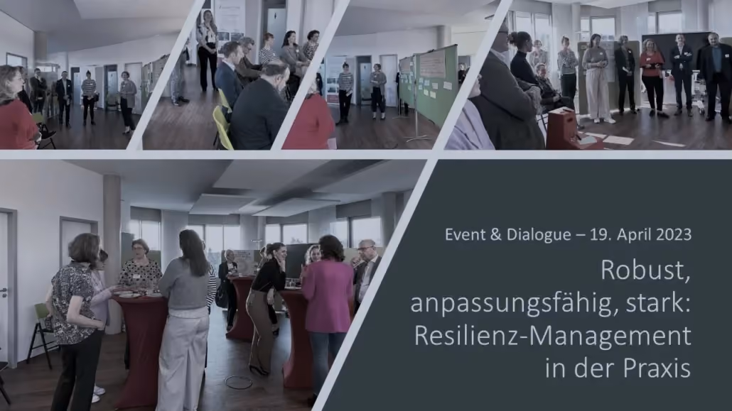 Fotocollage einer Veranstaltung mit Publikum und Stehtischen, Titel Resilienz-Management in der Praxis