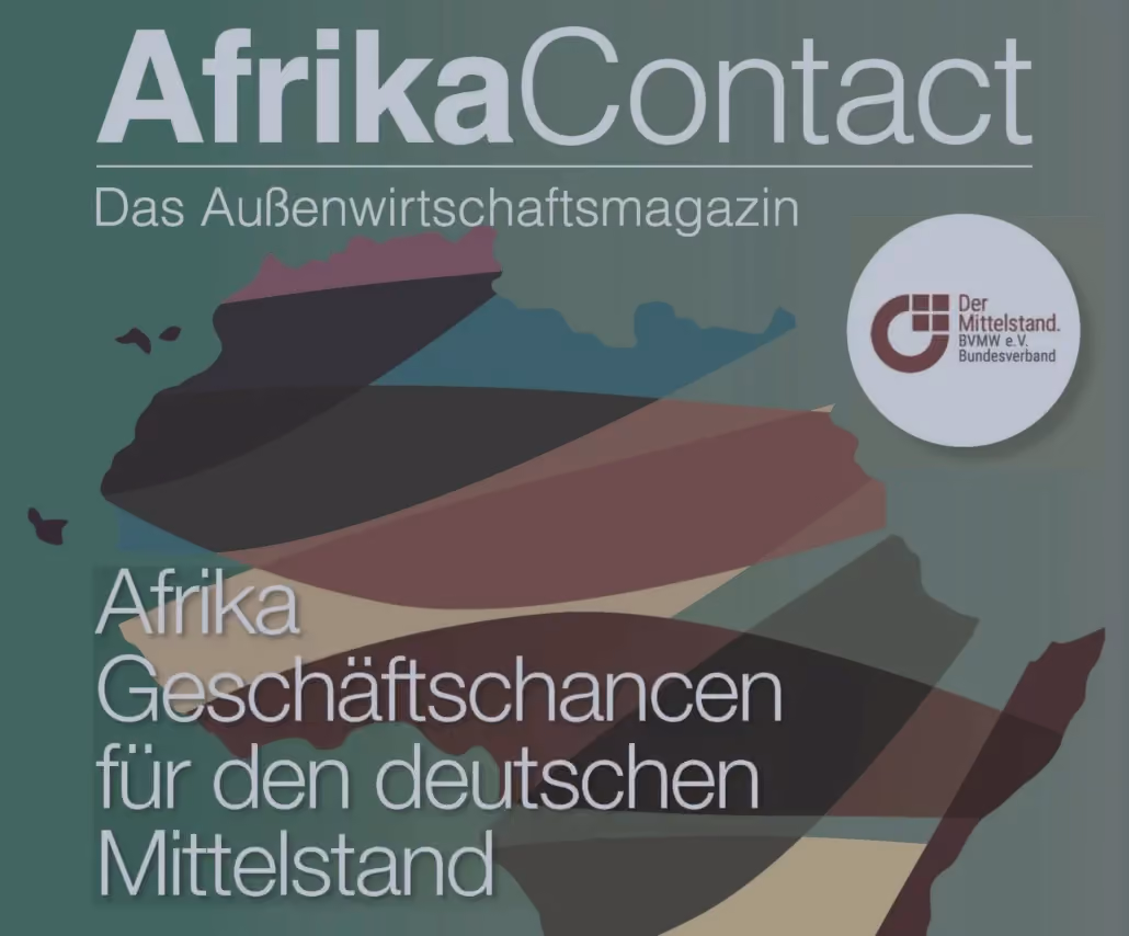 Titelseite des Magazins AfrikaContact mit einer Afrikakarte aus farbigen Flächen
