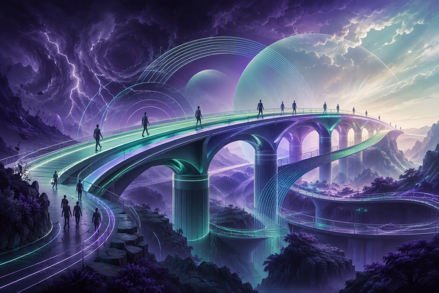 Menschen überqueren eine leuchtende Brücke, links Gewitterwolken, rechts heller Himmel