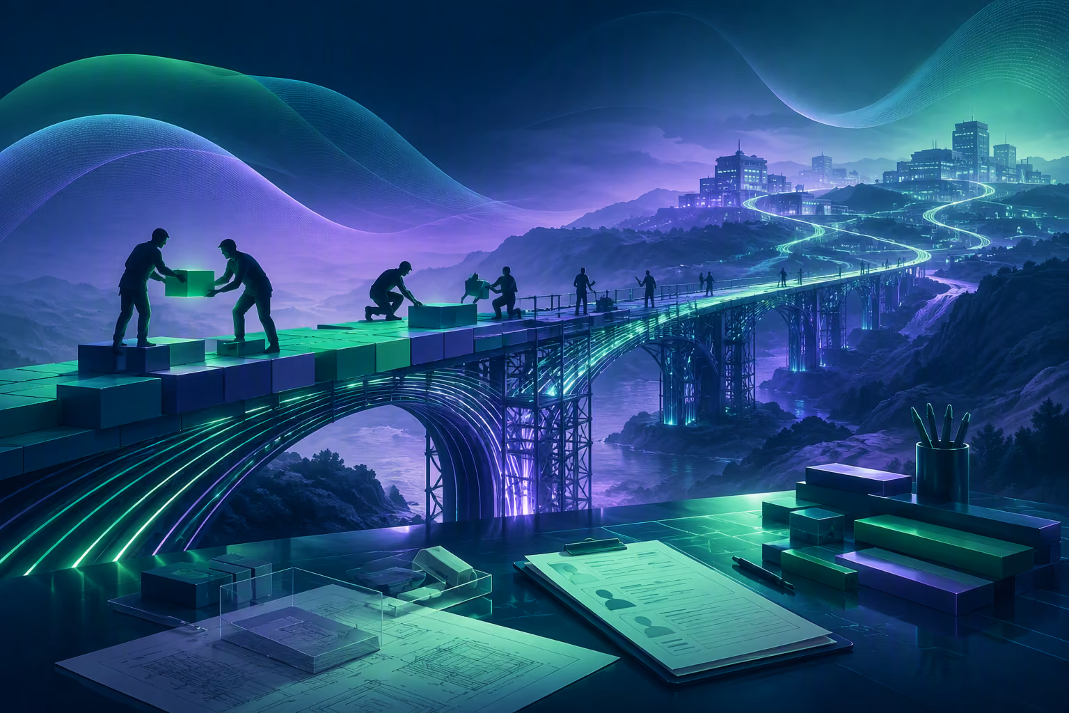 Menschen reichen einander leuchtende Bausteine auf einer Brücke, davor liegen Baupläne