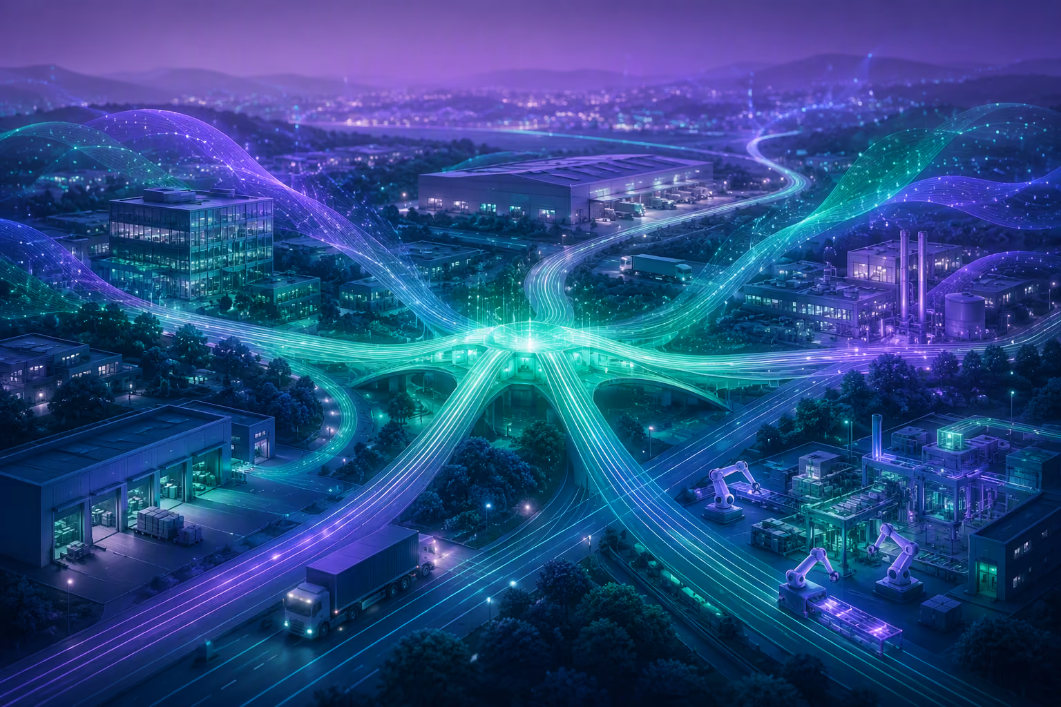Luftbild einer nächtlichen Industrielandschaft, in der leuchtende Datenströme sternförmig zusammenlaufen