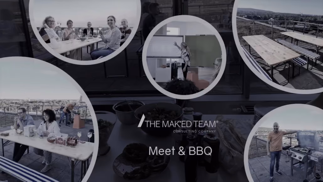 Schwarz-Weiß-Fotocollage vom Grillfest auf der Dachterrasse, mit Logo von THE MAK'ED TEAM