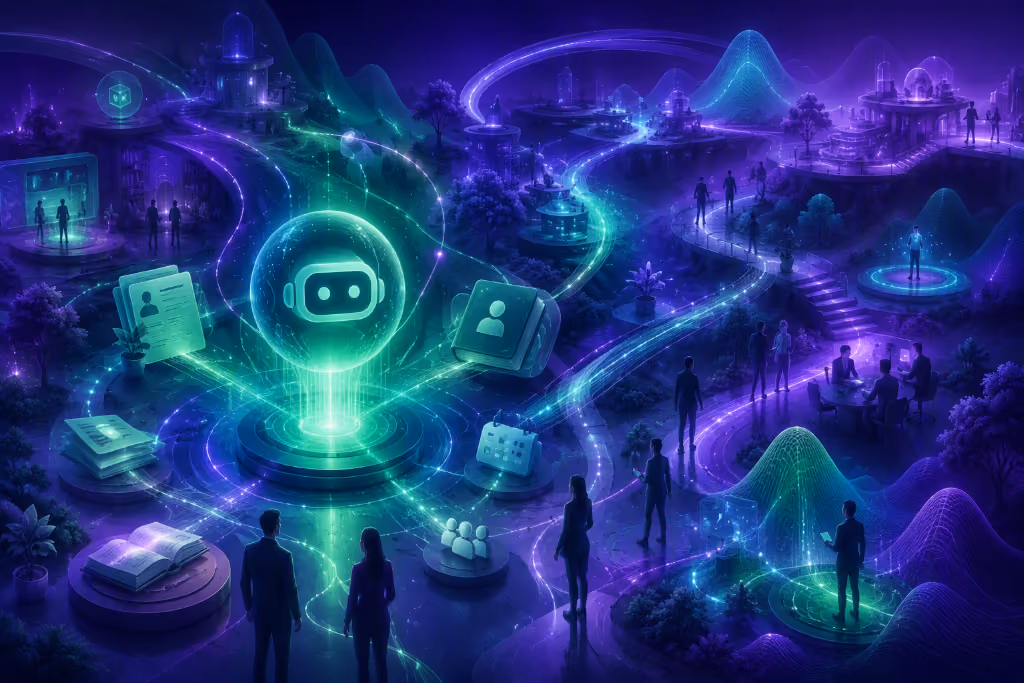 Leuchtendes Chatbot-Symbol in einer Landschaft aus Wegen, Karteikarten und Personensilhouetten